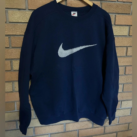 Vintage 90s Nike Swoosh Navy Blue Sweatshirt Crewneck Pullover Size Large - Picture 1 of 5